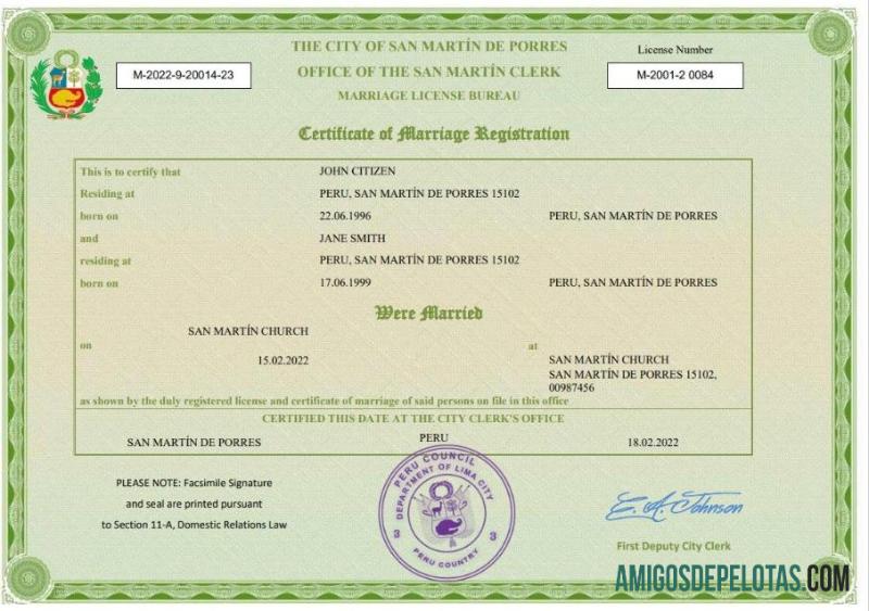 Realista modelo Word e PDF de certidão de casamento no Peru